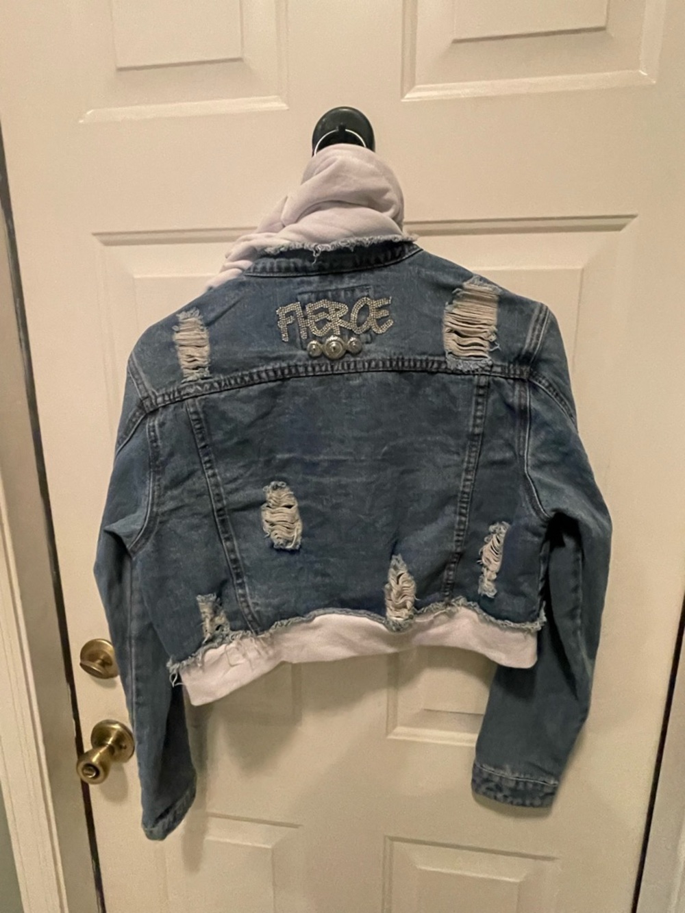 American Bazi Distressed Light Blue Denim Jacket with White Hoodie - Picture 6 of 6